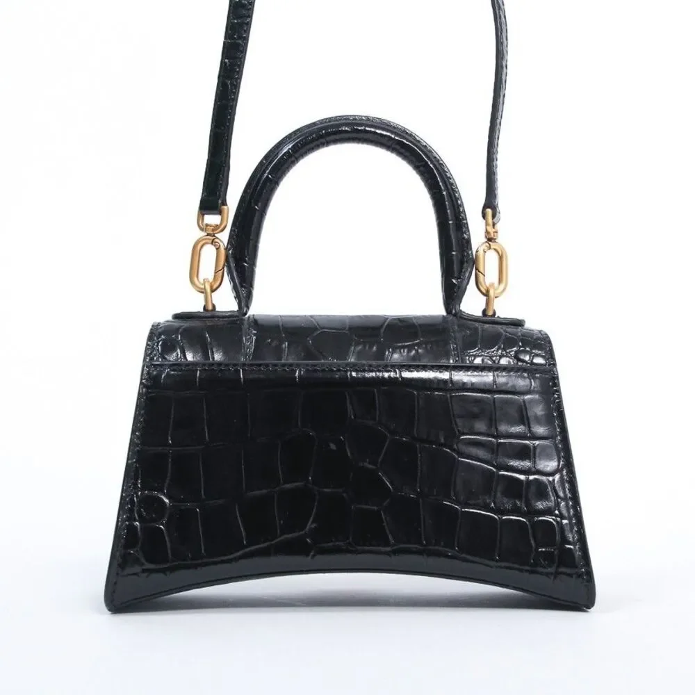 Balenciaga Hourglass XS Black Croc-Embossed Calfskin Top Handle Crossbody Bag